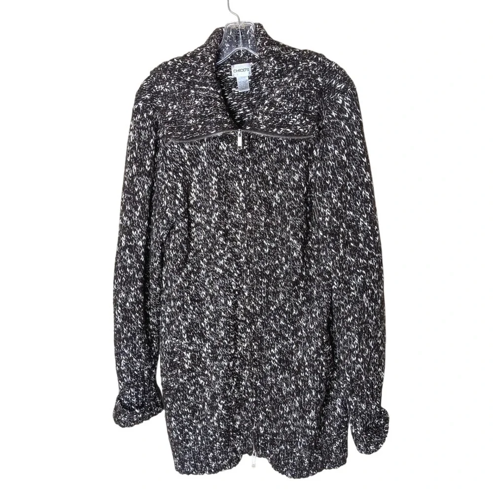 Chico's Wool-Blend‎ Marled Zip-Up Sweater Jacket Brown, Size L Oversized Tunic
